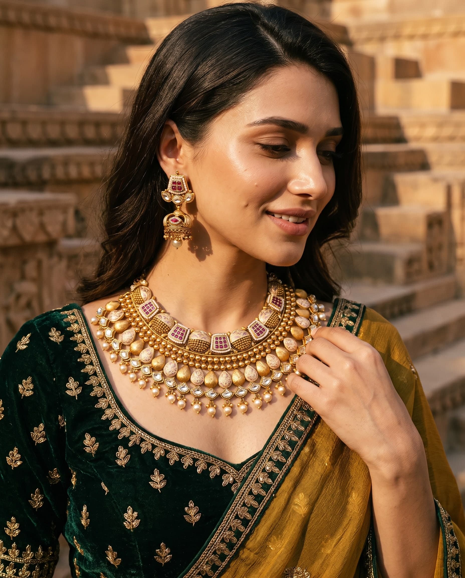 Antique gold Kundan necklace and jhumkas, worn against the sandstone steps of a Jodhpur stepwell