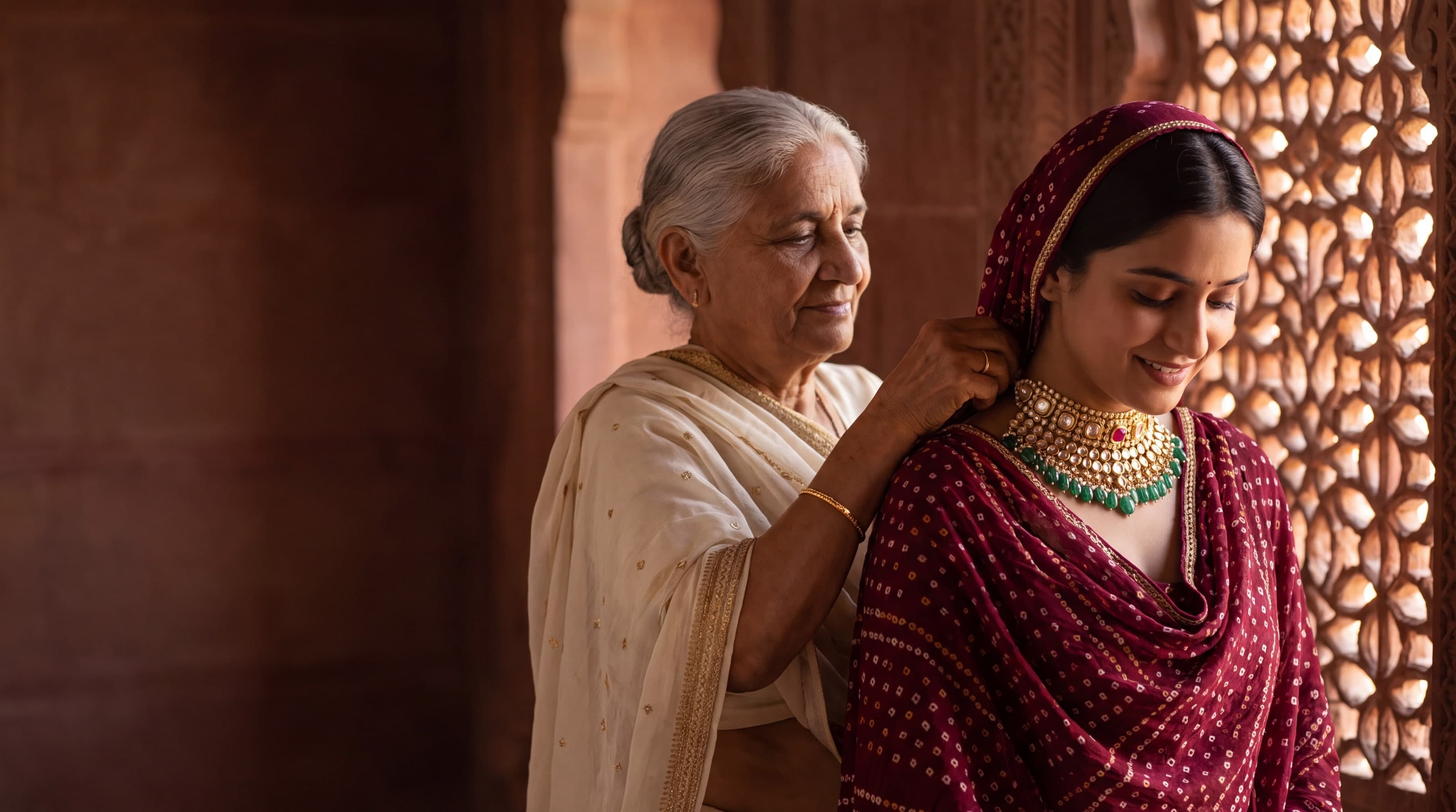 A grandmother fastens a Kundan choker with emerald drops on her granddaughter, beside a sandstone jaali in Jodhpur